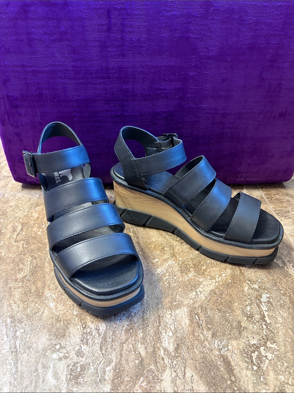 Sorel Black Platform Strappy Wedge Sandals with Wood-Tone Midsole